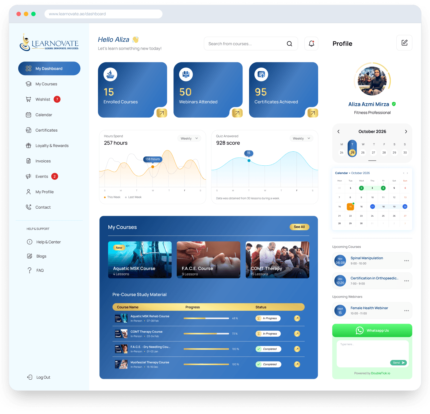The Learnovate learning dashboard: enrolled courses, webinars, certificates, progress charts, calendar and upcoming courses